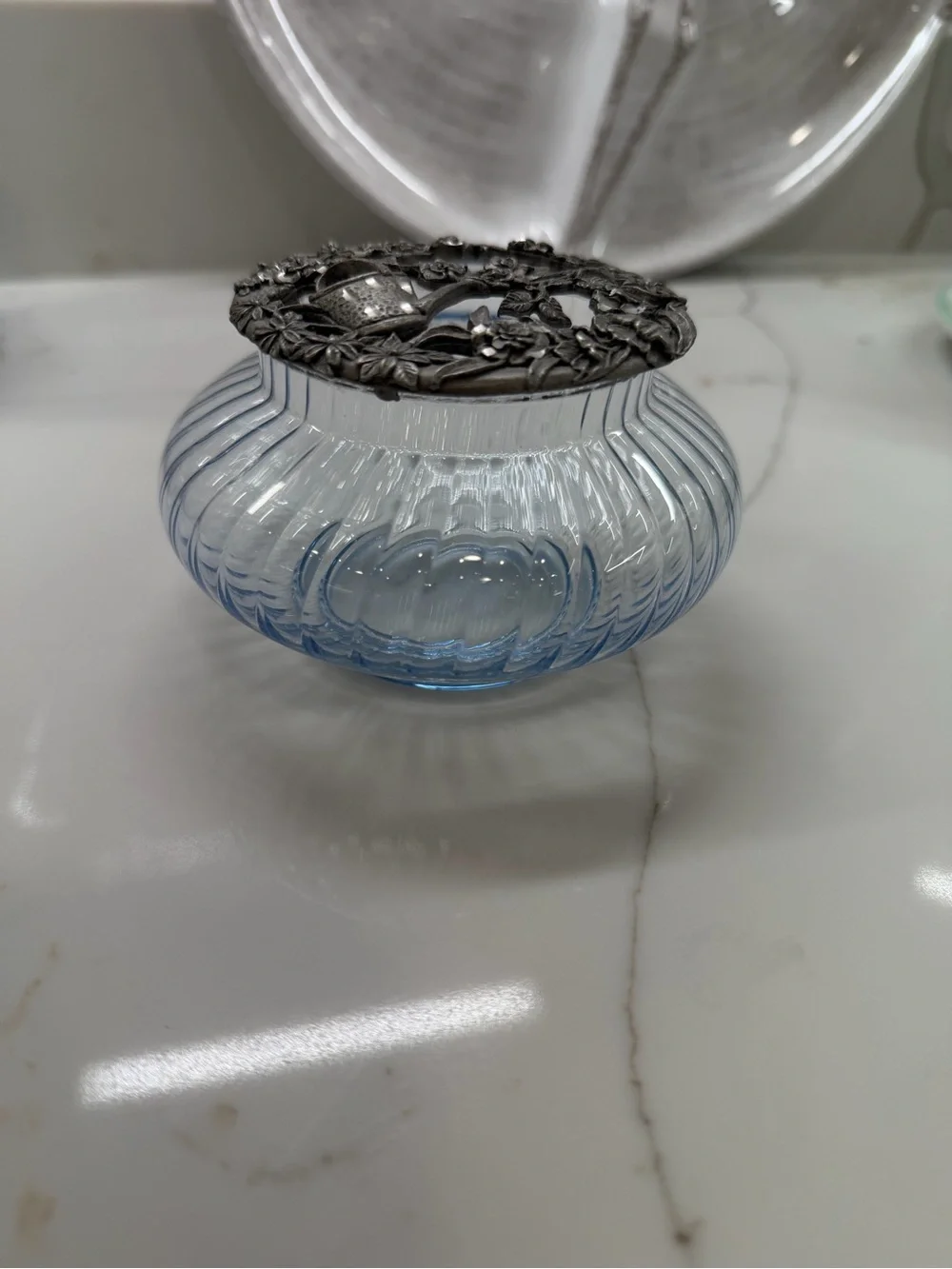 Vintage 1996 Rawcliffe Pewter &Ice blue glass Potpourri jar bowl